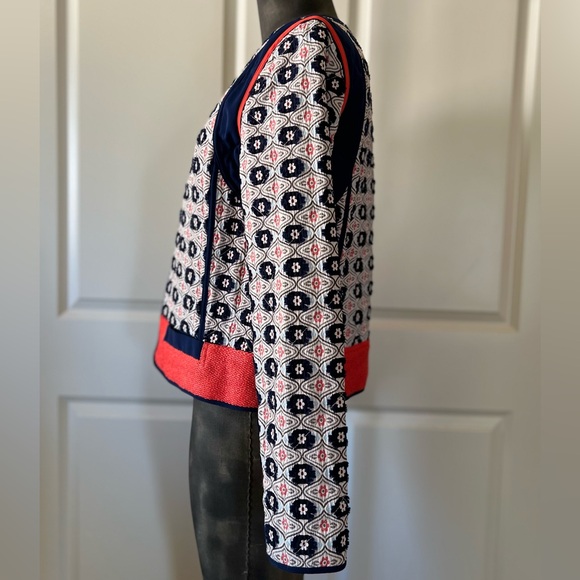 Tory Burch Rainford Daisy Jacquard Quilted Jacket Navy Orange Size 8 - Picture 4 of 9